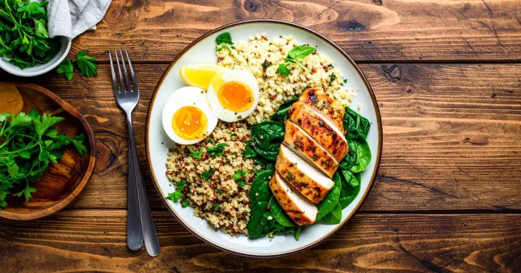 elicious and healthy low FODMAP recipes featuring lemon herb grilled chicken, quinoa, sautéed spinach, and a soft-boiled egg — ideal for digestive health