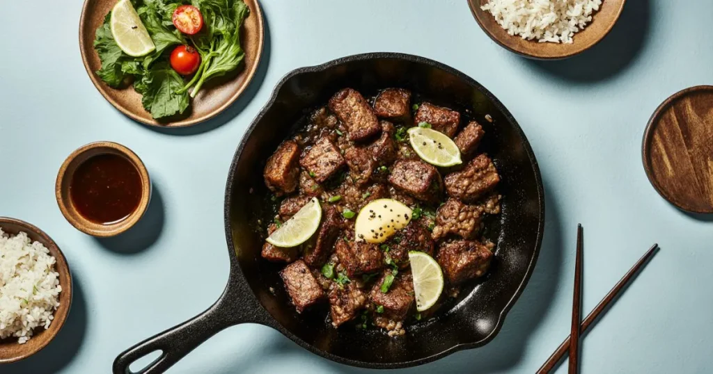 Bo Luc Lac Recipe featuring tender, caramelized Vietnamese shaking beef, served with fresh watercress salad, garlic butter rice, and lime-pepper dipping sauce on a rustic plate.