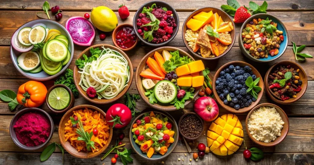 Colorful assortment of raw food recipes including zucchini noodles, avocado salad, smoothie bowls, and tropical fruits arranged on a wooden table — healthy, plant-based, and vibrant dishes.