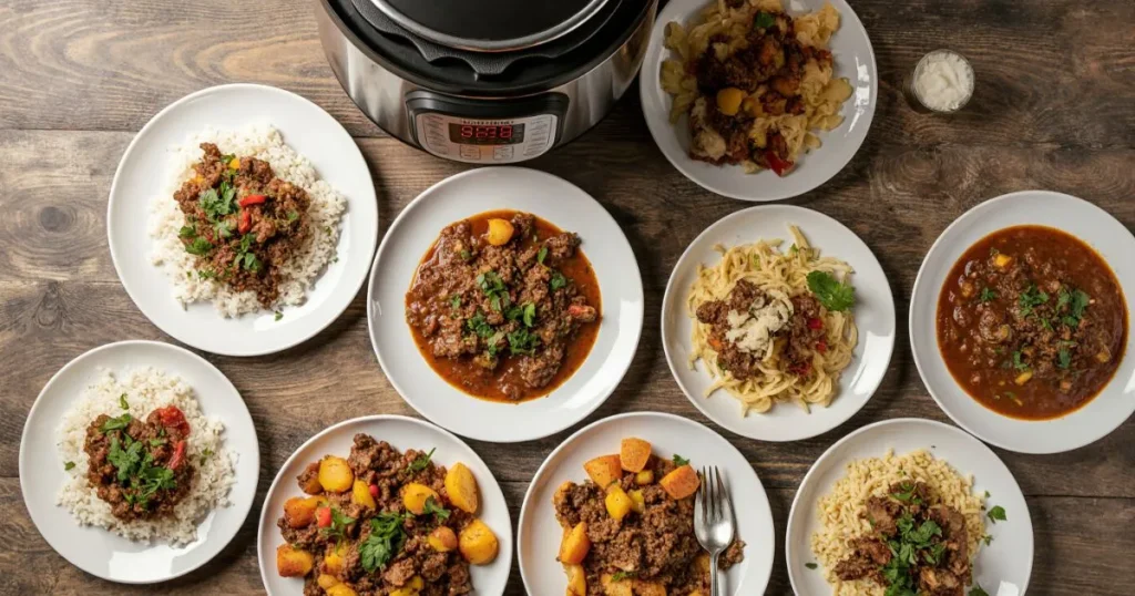 Instant Pot Recipes Ground Beef – a top-down view of various dishes like chili, pasta, stroganoff, and rice bowls with an Instant Pot in the background.