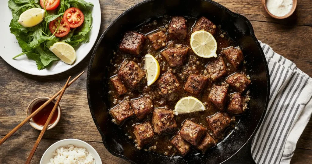 Bo Luc Lac Recipe featuring tender, caramelized Vietnamese shaking beef, served with fresh watercress salad, garlic butter rice, and lime-pepper dipping sauce on a rustic plate.