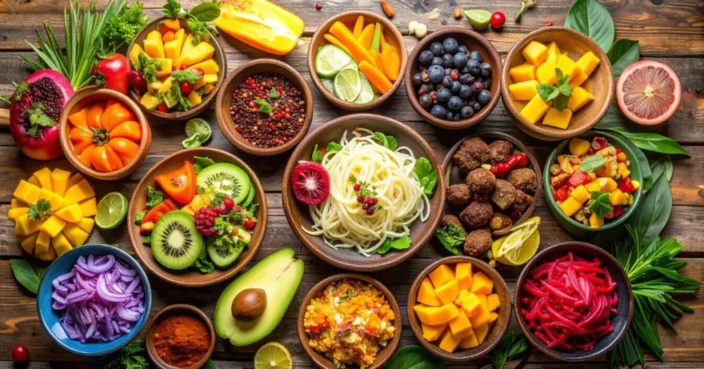 Colorful assortment of raw food recipes including zucchini noodles, avocado salad, smoothie bowls, and tropical fruits arranged on a wooden table — healthy, plant-based, and vibrant dishes.