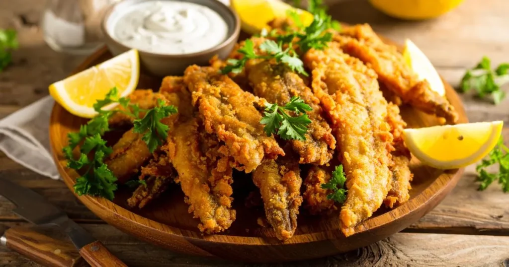 Fried whiting fillets, golden-brown and crispy, served on a wooden plate with lemon wedges, fresh parsley, and a side of tartar sauce.