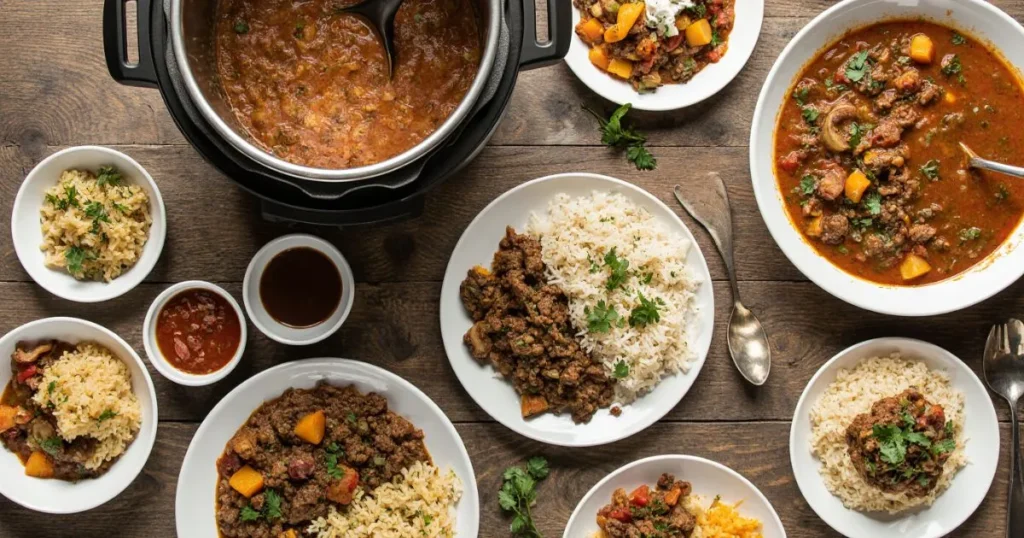Instant Pot Recipes Ground Beef – a top-down view of various dishes like chili, pasta, stroganoff, and rice bowls with an Instant Pot in the background.
