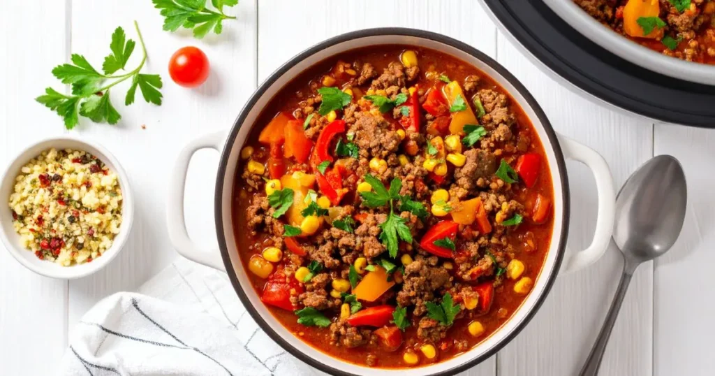 Instant Pot Recipes Ground Beef – a top-down view of various dishes like chili, pasta, stroganoff, and rice bowls with an Instant Pot in the background.