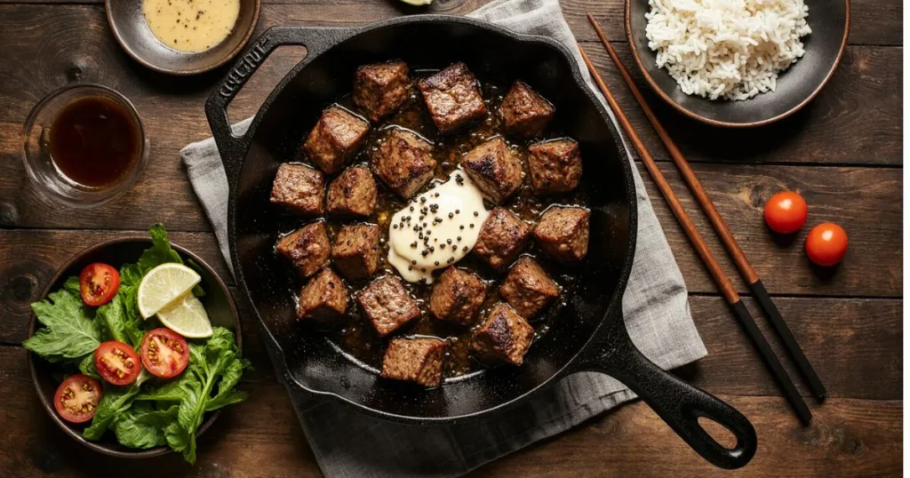 Bo Luc Lac Recipe featuring tender, caramelized Vietnamese shaking beef, served with fresh watercress salad, garlic butter rice, and lime-pepper dipping sauce on a rustic plate.