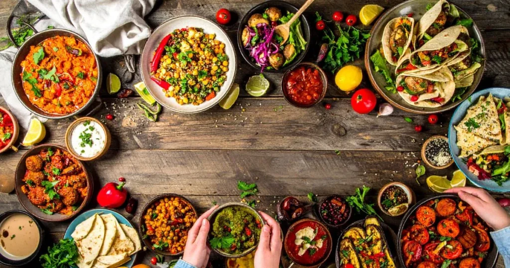 Colorful assortment of jazzy vegetarian recipes from around the world, including stuffed mushrooms, cauliflower tacos, lentil tagine, curry ramen, and more.