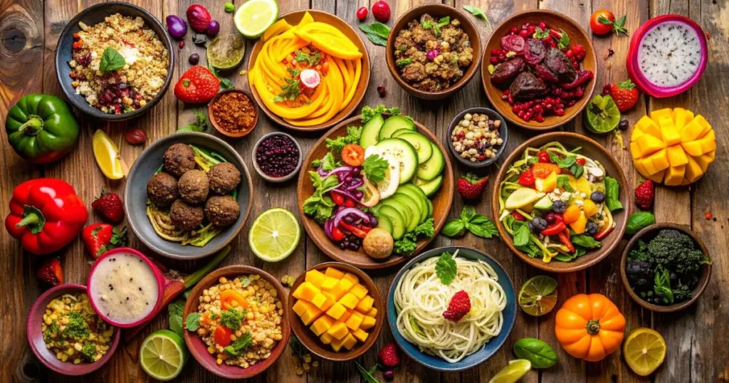 1 Colorful assortment of raw food recipes including zucchini noodles, avocado salad, smoothie bowls, and tropical fruits arranged on a wooden table — healthy, plant-based, and vibrant dishes.