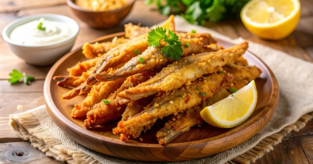 Fried whiting fillets, golden-brown and crispy, served on a wooden plate with lemon wedges, fresh parsley, and a side of tartar sauce.