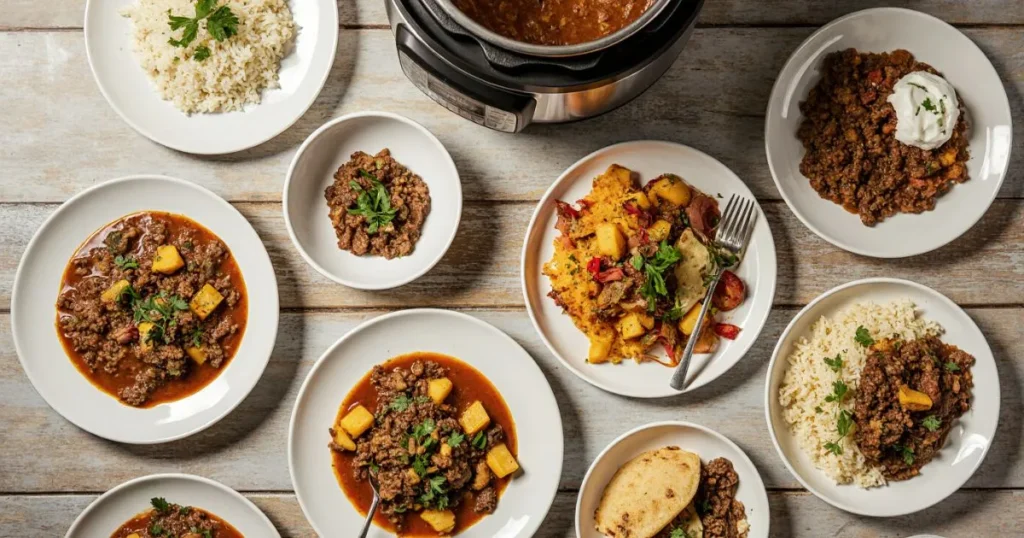 Instant Pot Recipes Ground Beef – a top-down view of various dishes like chili, pasta, stroganoff, and rice bowls with an Instant Pot in the background.