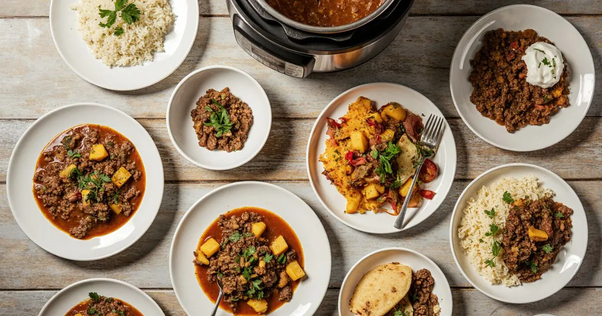 Instant Pot Recipes Ground Beef – a top-down view of various dishes like chili, pasta, stroganoff, and rice bowls with an Instant Pot in the background.