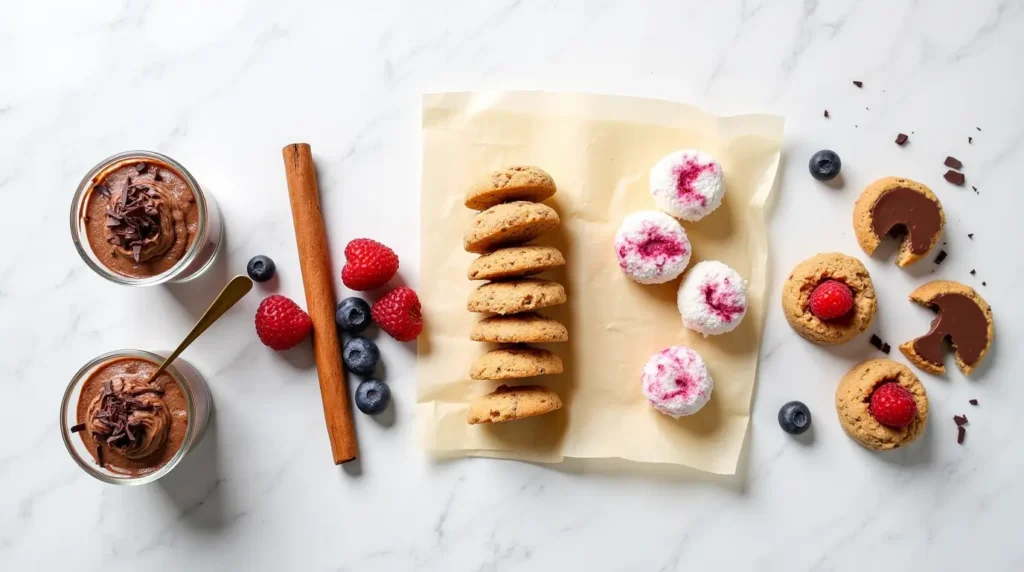Assortment of keto sweet snacks including fat bombs, mousse cups, and cookies