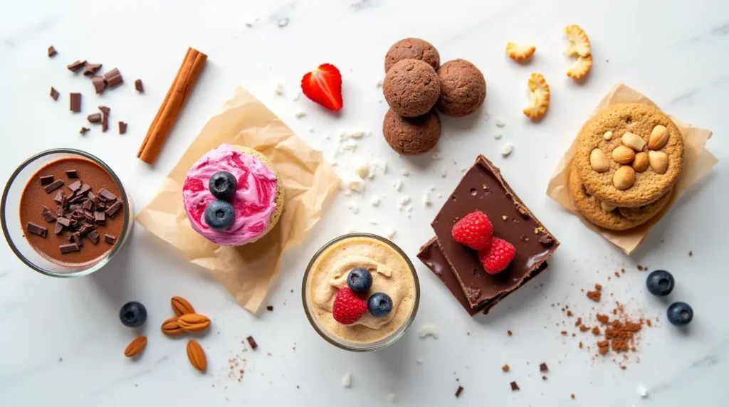 Assortment of keto sweet snacks including fat bombs, mousse cups, and cookies