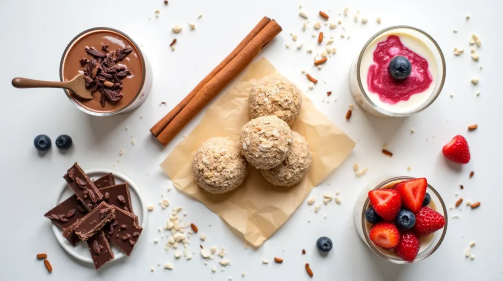 Assortment of keto sweet snacks including fat bombs, mousse cups, and cookies
