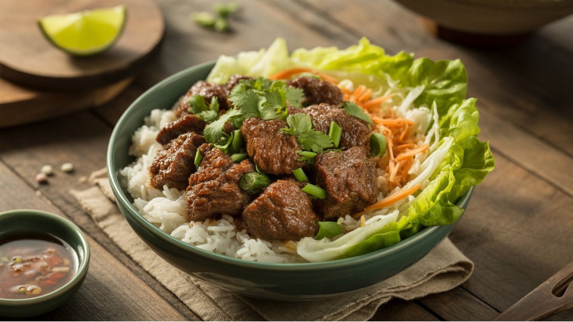 Bo Luc Lac Recipe featuring tender, caramelized Vietnamese shaking beef, served with fresh watercress salad, garlic butter rice, and lime-pepper dipping sauce on a rustic plate.