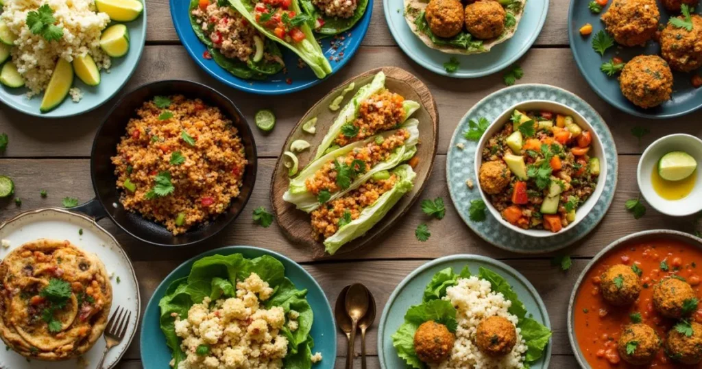Overhead view of a variety of keto ground turkey recipes including lettuce wraps, zucchini boats, taco skillet, and cauliflower rice bowls — colorful, low-carb, and healthy recipes on a rustic table.