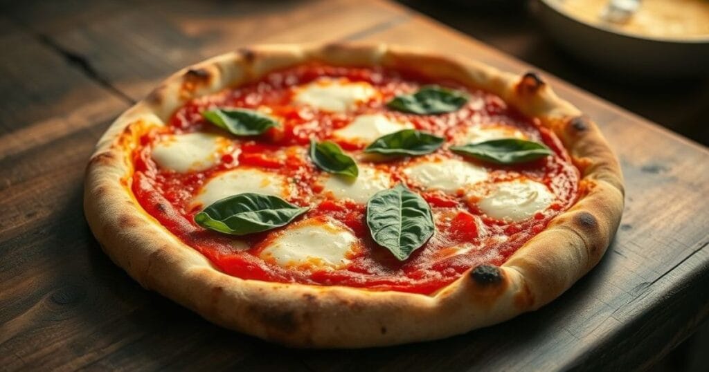 Homemade Pizza Margherita with fresh mozzarella, basil leaves, and tomato sauce on a charred thin crust, served on a rustic wooden table