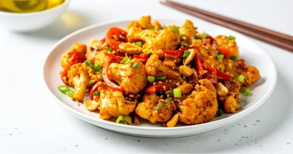 Kung Pao cauliflower featuring golden roasted cauliflower florets tossed in a glossy Kung Pao sauce, mixed with red bell peppers, and garnished with green onions and peanuts, served on a white plate with chopsticks.