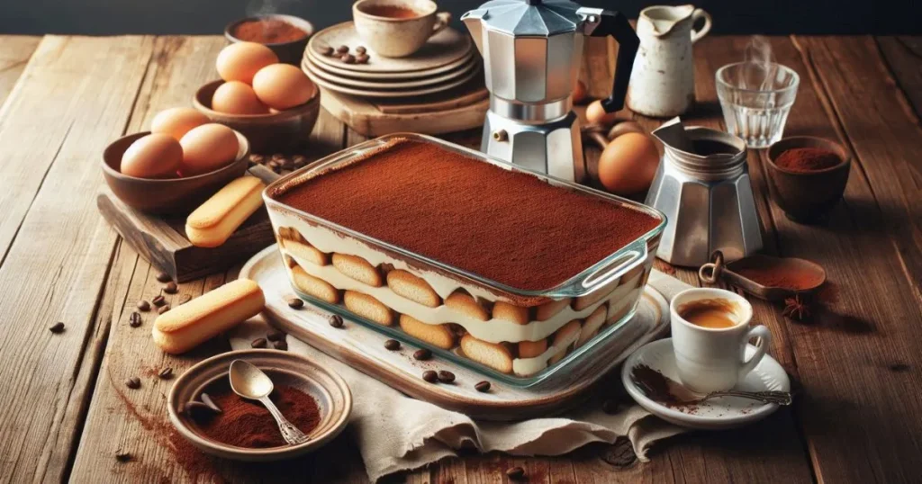 Authentic Italian tiramisù in a glass dish, showing layers of espresso-soaked ladyfingers and creamy mascarpone, topped with cocoa powder, surrounded by a moka pot, eggs, mascarpone cheese, and a cup of espresso on a rustic wooden table.