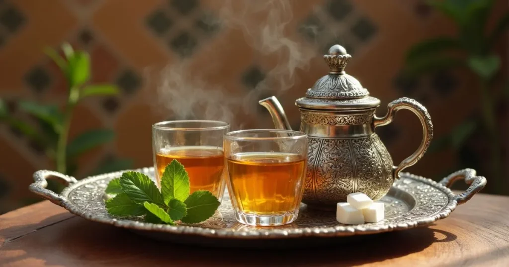 Traditional Moroccan mint tea pouring technique with silver teapot and golden tea stream