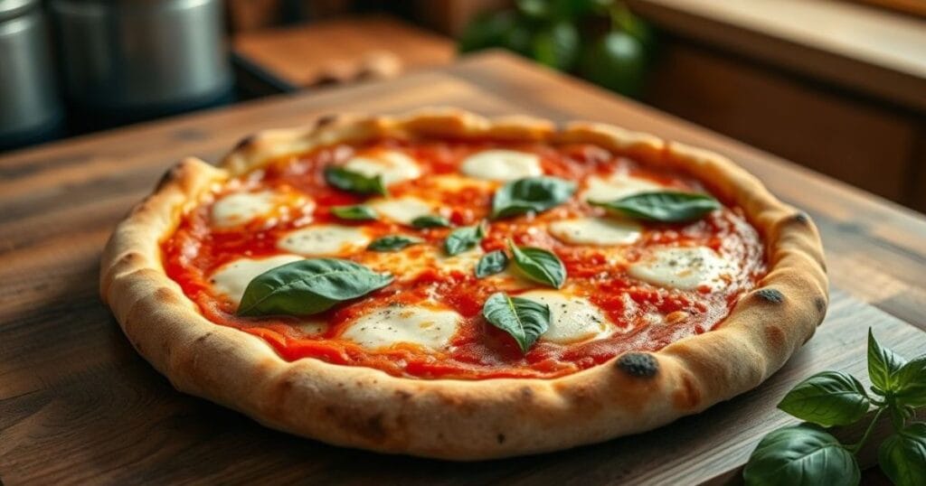 Homemade Pizza Margherita with fresh mozzarella, basil leaves, and tomato sauce on a charred thin crust, served on a rustic wooden table