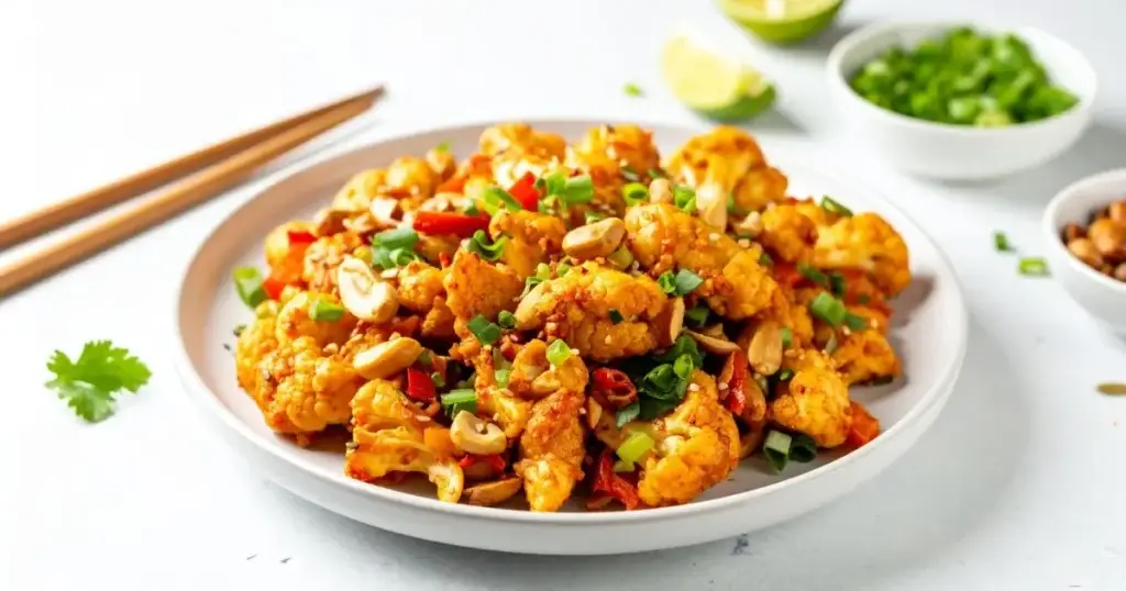 Kung Pao cauliflower featuring golden roasted cauliflower florets tossed in a glossy Kung Pao sauce, mixed with red bell peppers, and garnished with green onions and peanuts, served on a white plate with chopsticks.