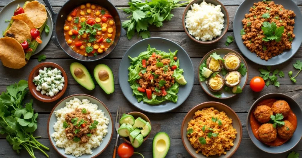 Overhead view of a variety of keto ground turkey recipes including lettuce wraps, zucchini boats, taco skillet, and cauliflower rice bowls — colorful, low-carb, and healthy recipes on a rustic table.