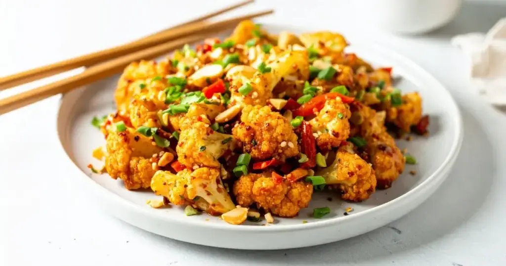 Kung Pao cauliflower featuring golden roasted cauliflower florets tossed in a glossy Kung Pao sauce, mixed with red bell peppers, and garnished with green onions and peanuts, served on a white plate with chopsticks.