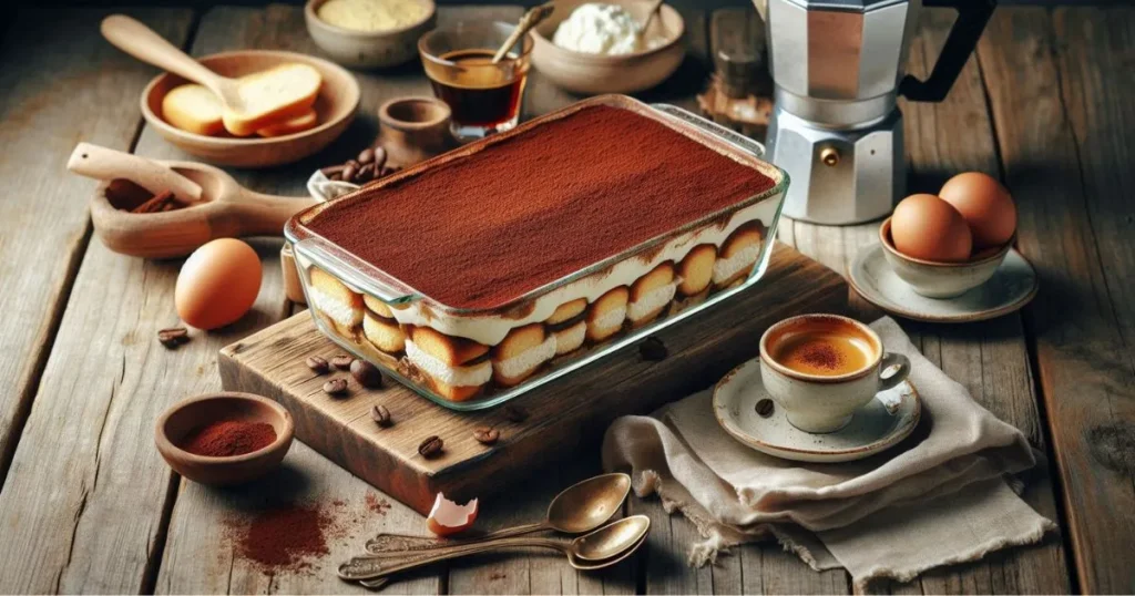 Authentic Italian tiramisù in a glass dish, showing layers of espresso-soaked ladyfingers and creamy mascarpone, topped with cocoa powder, surrounded by a moka pot, eggs, mascarpone cheese, and a cup of espresso on a rustic wooden table.