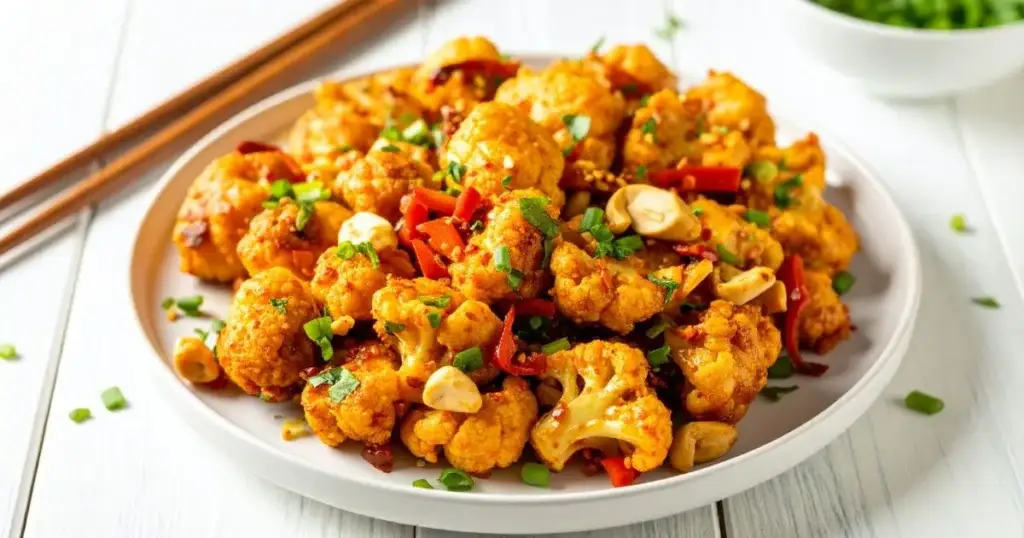 Kung Pao cauliflower featuring golden roasted cauliflower florets tossed in a glossy Kung Pao sauce, mixed with red bell peppers, and garnished with green onions and peanuts, served on a white plate with chopsticks.