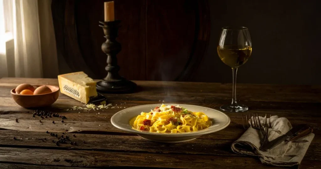 A plate of authentic spaghetti carbonara recipe topped with crispy guanciale, grated Pecorino Romano, and freshly cracked black pepper, served on a rustic wooden table.