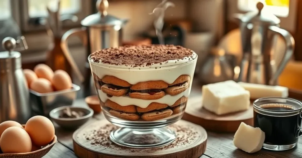 Authentic Italian tiramisù in a glass dish, showing layers of espresso-soaked ladyfingers and creamy mascarpone, topped with cocoa powder, surrounded by a moka pot, eggs, mascarpone cheese, and a cup of espresso on a rustic wooden table.