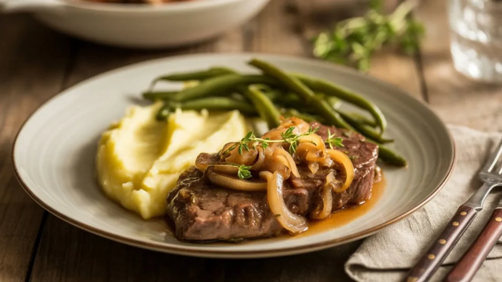 Beef Liver Recipes: Plated beef liver with caramelized onions, mashed potatoes, and sautéed green beans on a white ceramic plate