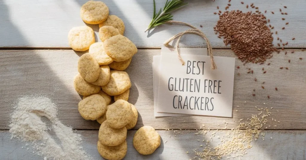 Best Gluten Free Crackers arranged on a rustic wooden board with seeds and herbs