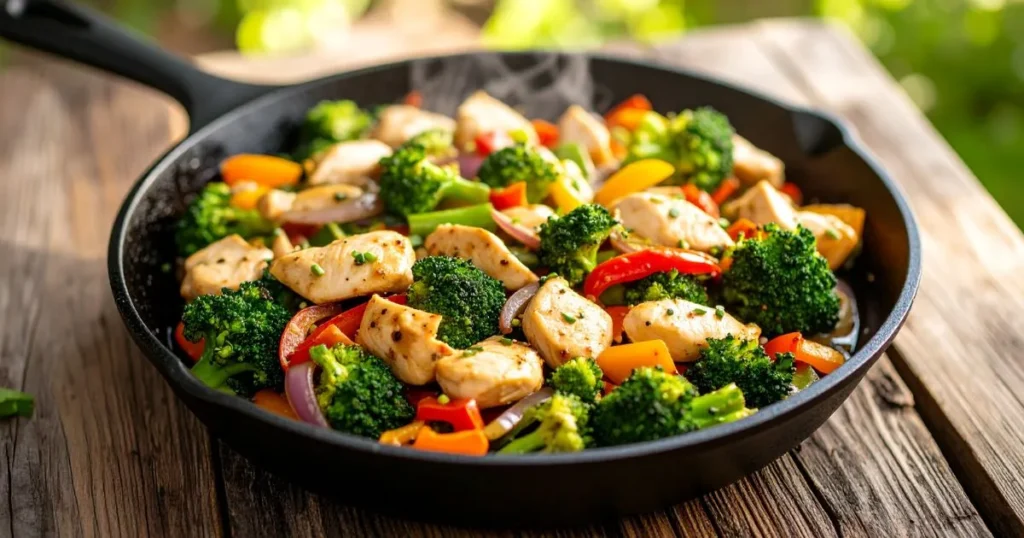 Blackstone stir fry cooking on a griddle with chicken and vegetables