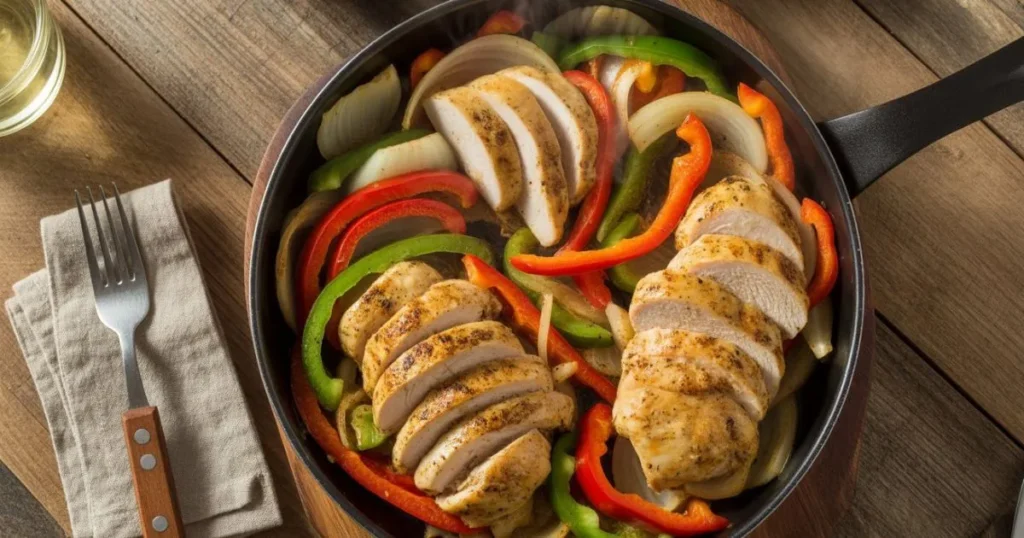 Chicken Peppers Onions skillet meal with colorful bell peppers and sautéed onions, served hot in a rustic pan.