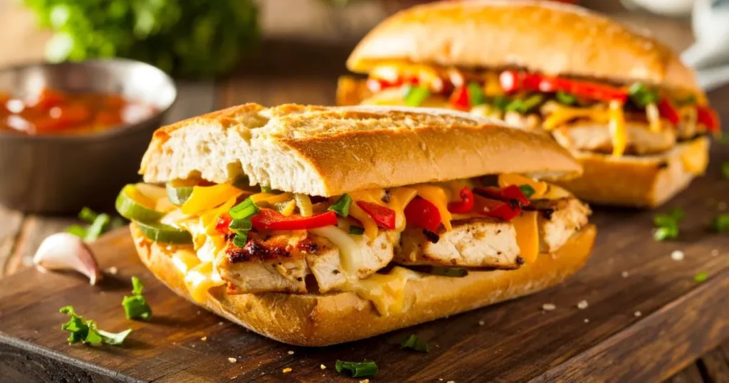 Close-up of chicken steak and cheese hoagie on a rustic table