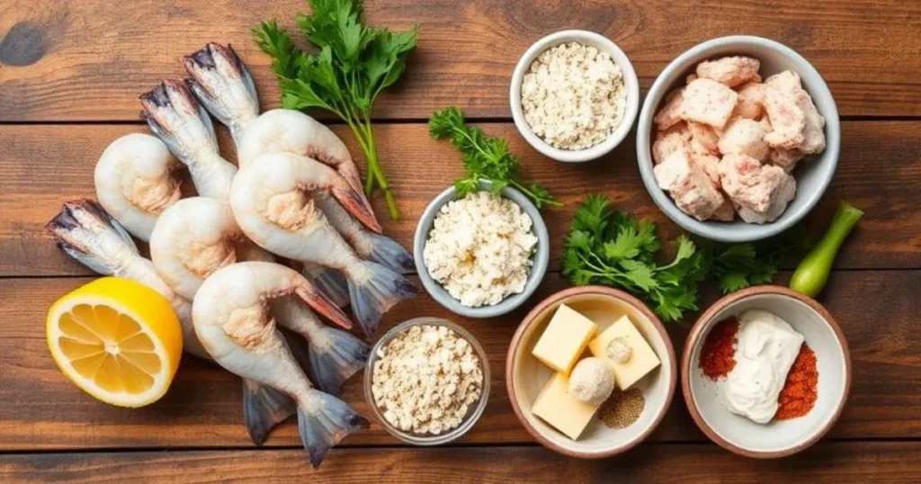 Golden crab stuffed shrimp served with lemon wedges and fresh parsley on a white plate, perfect for an easy seafood dinner recipe
