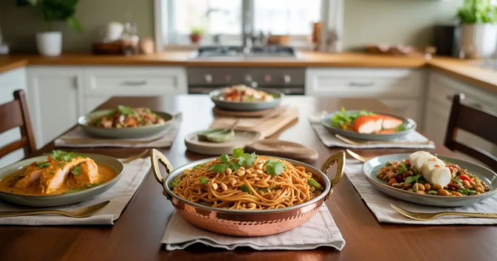 Dairy Free Dinner Recipes featuring a colorful spread of 9 delicious meals including creamy coconut curry chicken, herb-crusted salmon, dairy-free beef stroganoff, lettuce wraps, vegetable stew, chicken Alfredo, stuffed peppers, peanut noodles, and roasted meat tenderloin with vegetables.