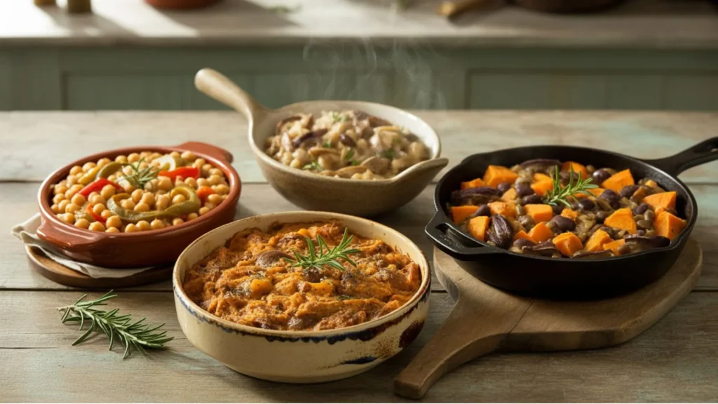 Delicious vegan casserole recipes featuring colorful plant‑based ingredients in rustic dishes