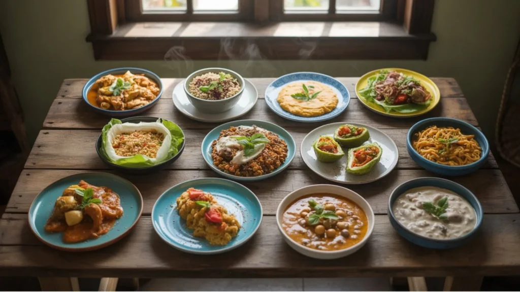 Easy Dairy Free Meals beautifully plated – creamy coconut curry chicken, Mediterranean quinoa bowl, dairy free mac and cheese, lettuce wraps, lentil bolognese, coconut lime fish tacos, stuffed bell peppers, Thai peanut noodles, chickpea stew, and creamy mushroom risotto on a rustic wooden table.