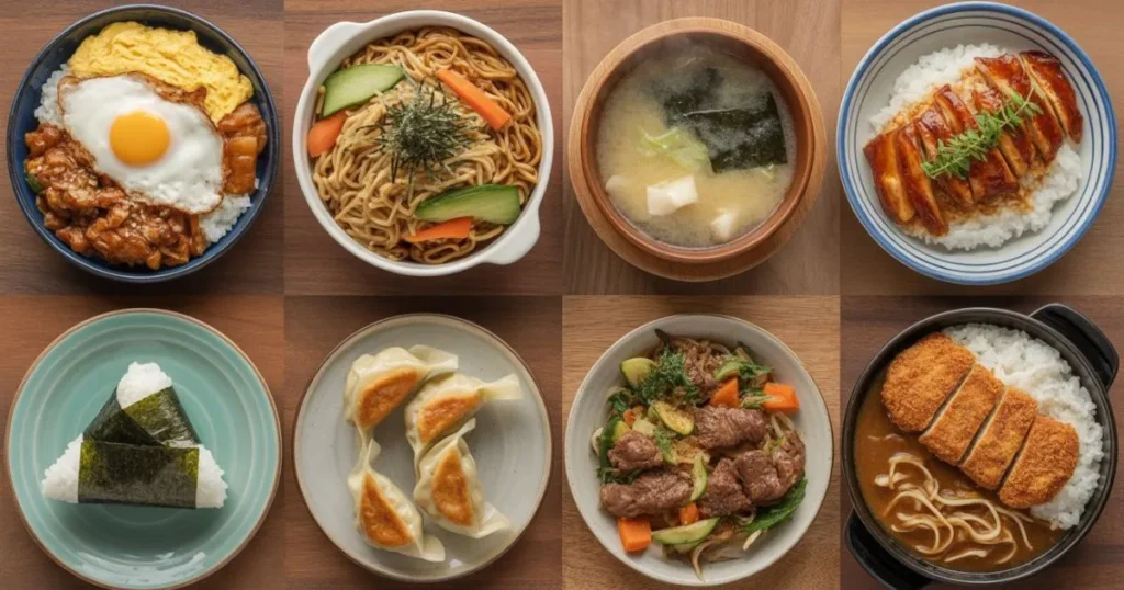 Easy Japanese meals including Oyakodon, Yakisoba, and Miso Soup