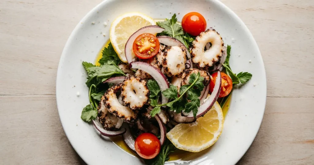 Flat lay of fresh octopus salad ingredients arranged neatly on a wooden kitchen counter. Include raw octopus, cherry tomatoes, red onions, fresh parsley, garlic cloves, lemon wedges, olive oil in a glass bottle, and sea salt in a small bowl. Bright natural lighting with a clean, rustic Mediterranean vibe. No text overlay.