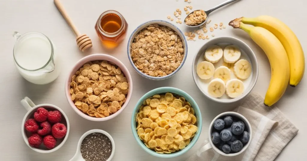 Gluten Free Cereals served with almond milk, fresh fruits, and honey on a rustic breakfast table
