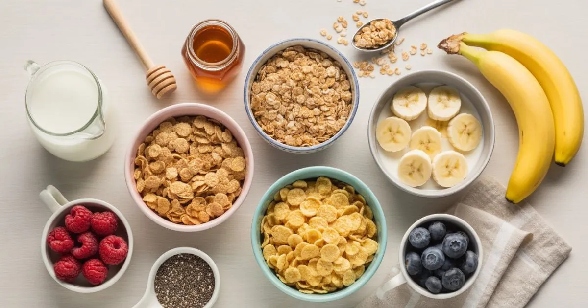 Gluten Free Cereals served with almond milk, fresh fruits, and honey on a rustic breakfast table