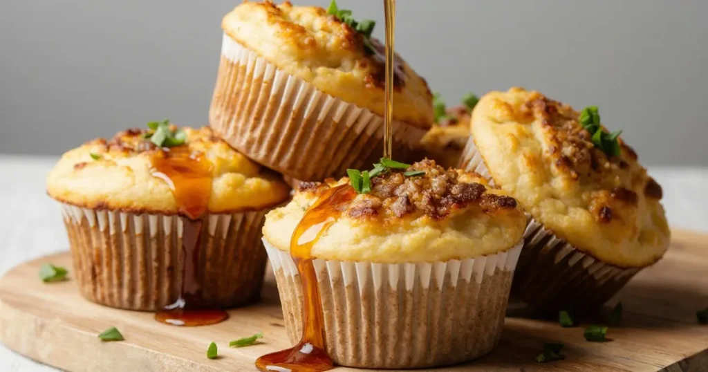 Golden sausage pancake muffins stacked on a plate, showing crispy sausage pieces wrapped in fluffy pancakes, garnished with fresh herbs and syrup drizzle.