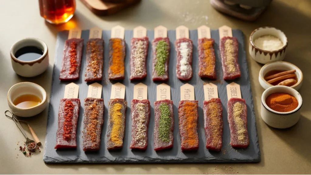 Ground Beef Jerky Recipe featuring 8 flavorful homemade variations, with seasoned jerky strips displayed on a rustic surface alongside spice bowls and ingredients.