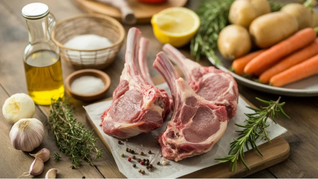Lamb shoulder chop recipe served with mashed potatoes and roasted vegetables