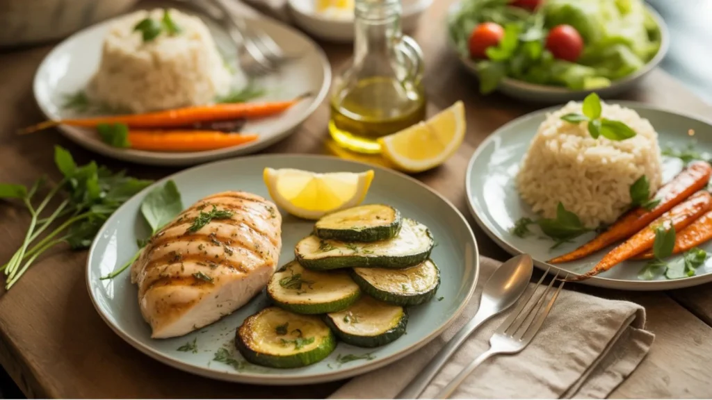 Low Fodmap Dinner with grilled chicken, steamed rice, and sautéed zucchini
