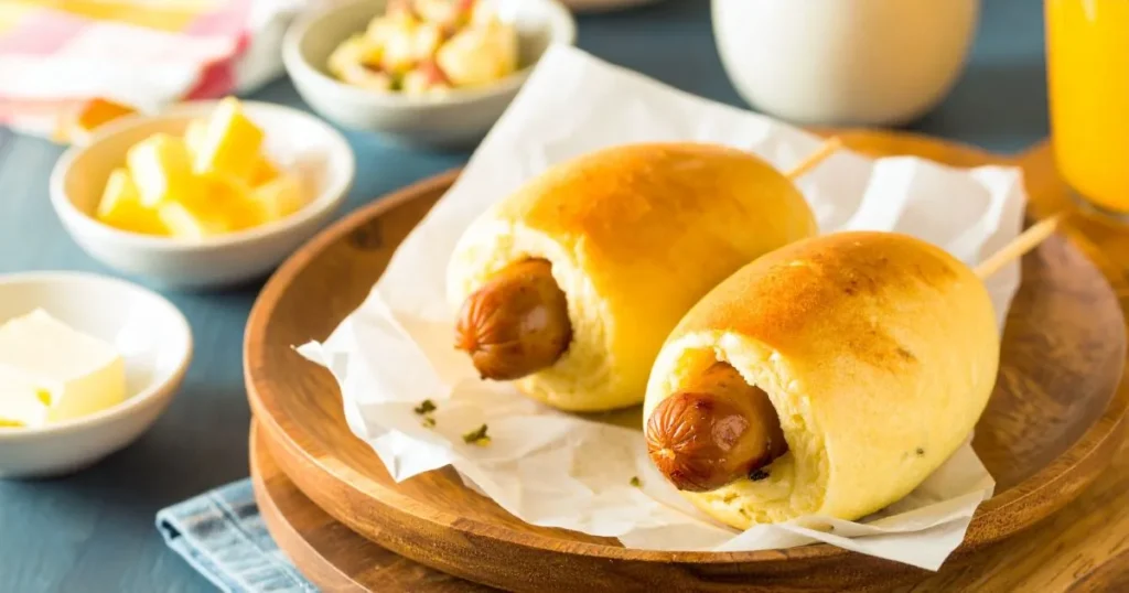 Pancake Sausage on a Stick golden, fluffy pancakes wrapped around juicy sausages on wooden sticks, served on a rustic plate with syrup and butter.